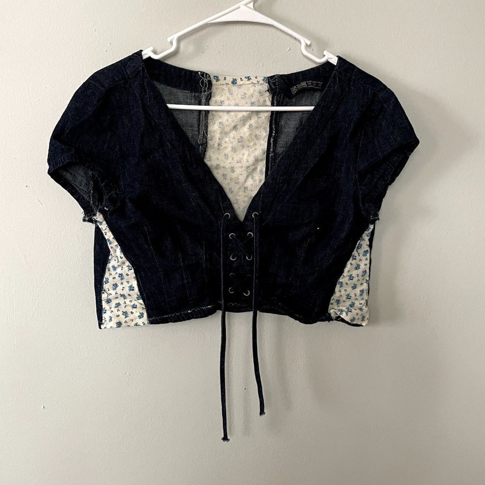 Zara Denim Couture Cropped Top XS Blue Women Lace Up Floral Cotton